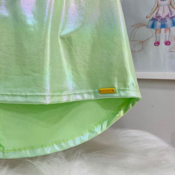 Vestido Infantil Mylu Verde Cintilante com Cinto Colorido Correntes