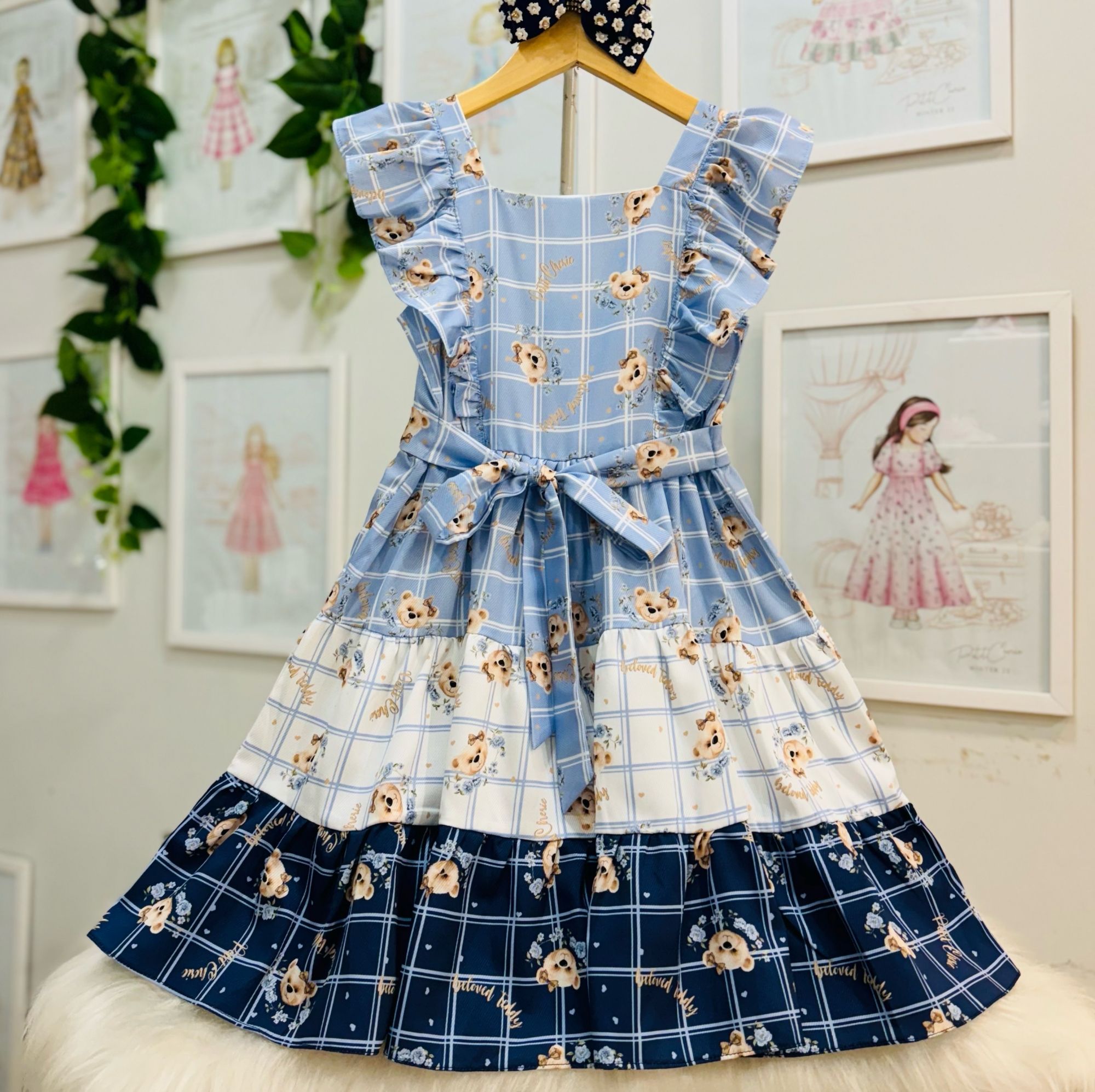 Vestido Infantil Petit Cherie Azul Xadrez Ursinhas Três Marias Manga Bordados
