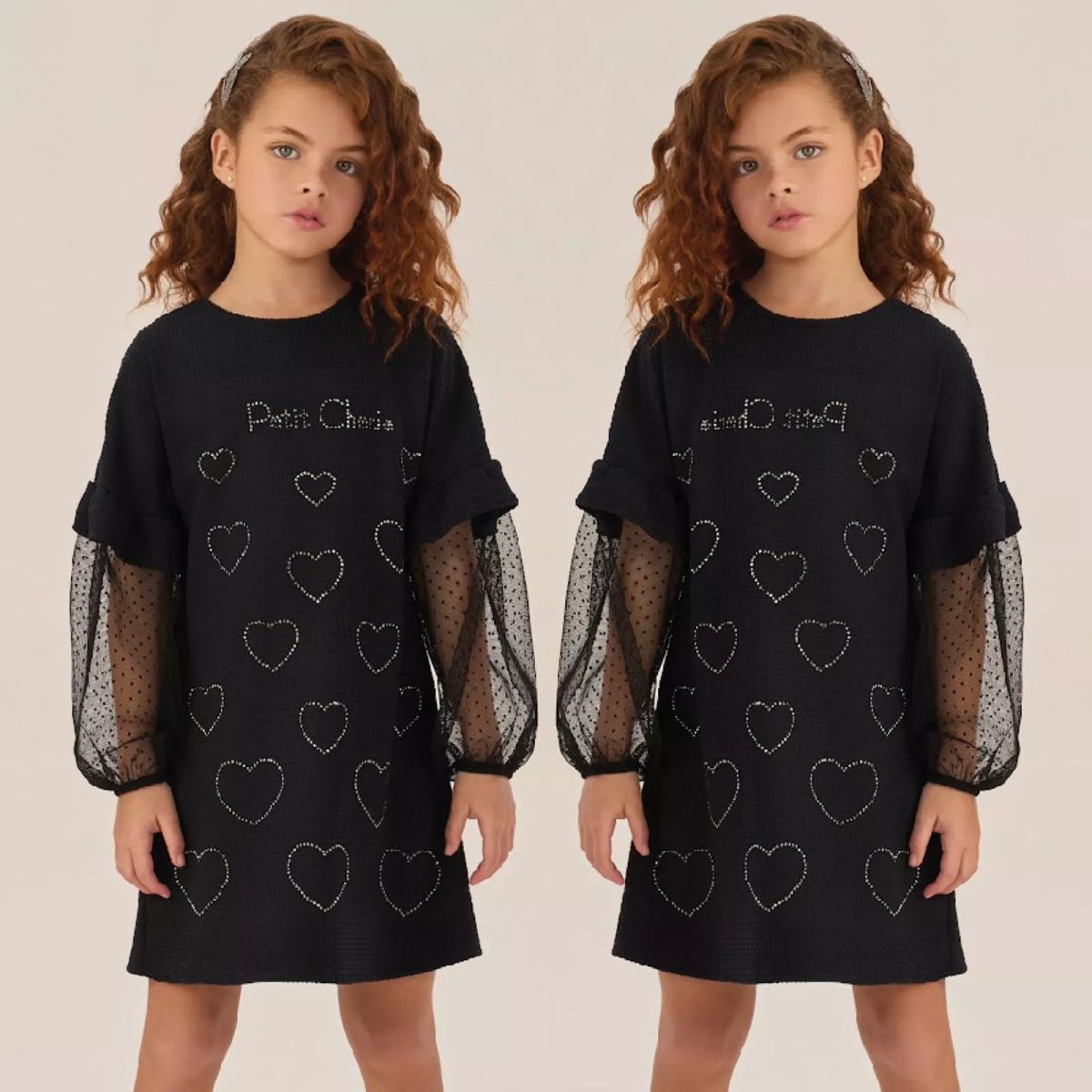 Vestido Infantil Petit Cherie Preto Tricot Corações Strass Manga POA