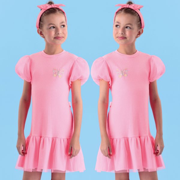 Vestido Infantil Petit Cherie Rosa Neon Canelado Borboleta Bordada Manga e Barra Tule