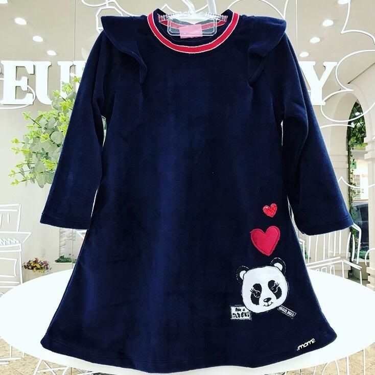 Vestido Infantil Plush Azul Marinho com Patches Panda Love Momi