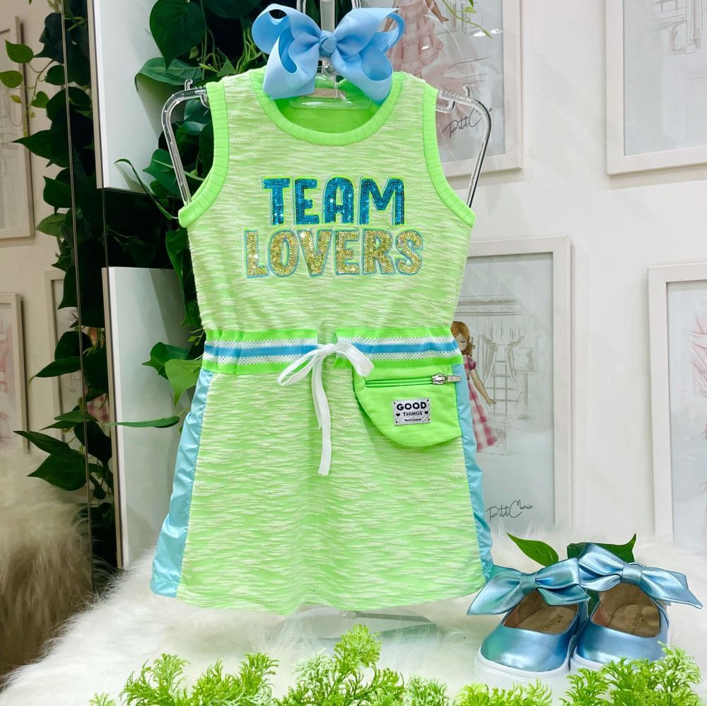 Vestido Infantil Pop Verde Neon Bolsinho na Lateral Team Lovers Petit Cherie