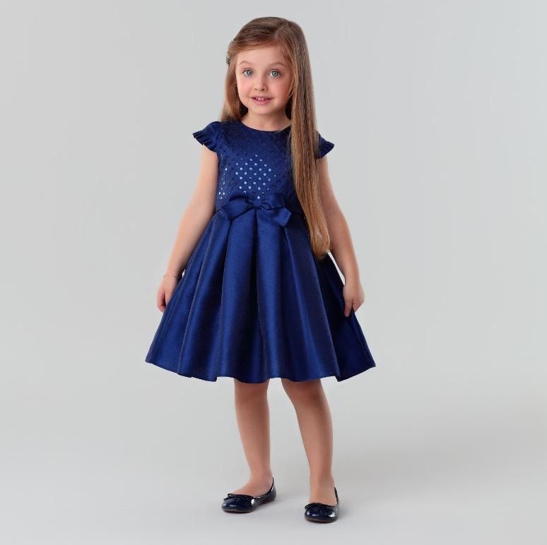 Vestido de Festa Infantil Rodado Detalhes em Paetê Bordado Azul Marinho Romantic Petit Cherie