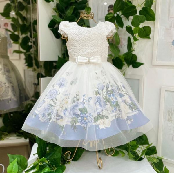 Vestido de Festa Infantil Renda Branca Borboletas e Flores Blue Sobreposição de Tule Petit Cherie