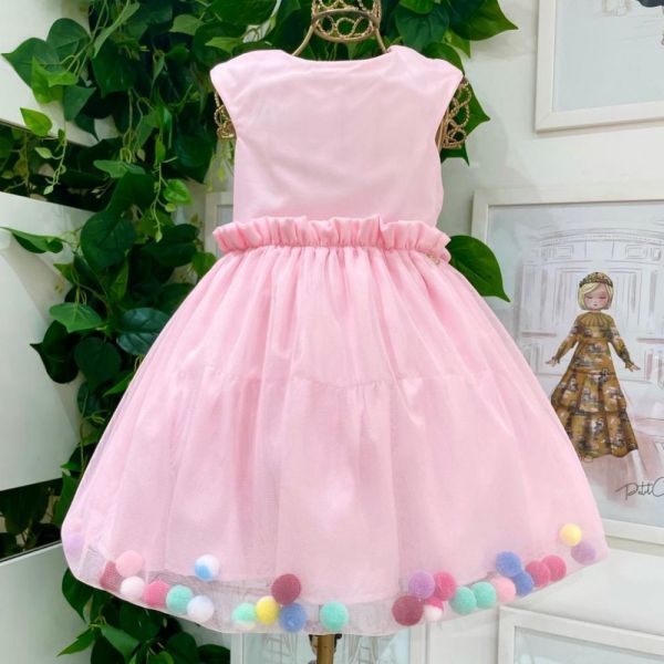 Vestido Infantil Rodado Rosa de Tule com Pompons Coloridos Mon Sucré