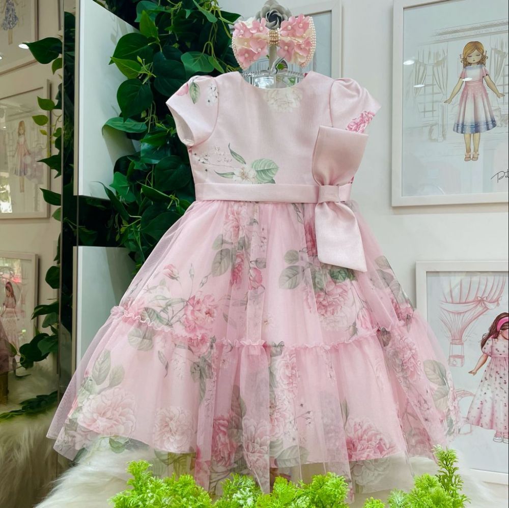 Vestido de Festa Infantil Rodado Rosa Flores Sobreposição Tule Estampado Romantic Petit Cherie