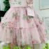 Vestido de Festa Infantil Rodado Rosa Flores Sobreposição Tule Estampado Romantic Petit Cherie