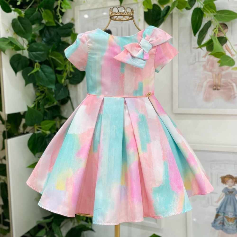 Vestido Infantil Rodado Tie Dye Candy Collor Marmorizado com Laço Cake Mon Sucré