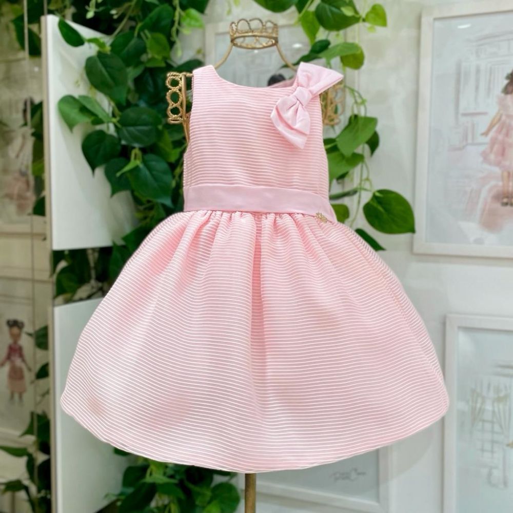 Vestido de Festa Infantil Rosa Claro Listras Texturizadas no Tule com Laço Animalia Mon Sucré