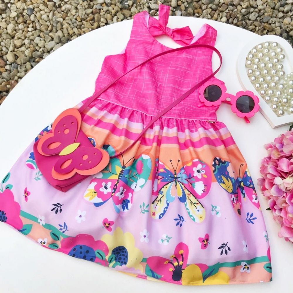 Vestido Infantil Rosa com Bolsinha Jardim das Borboletas Mon Sucré