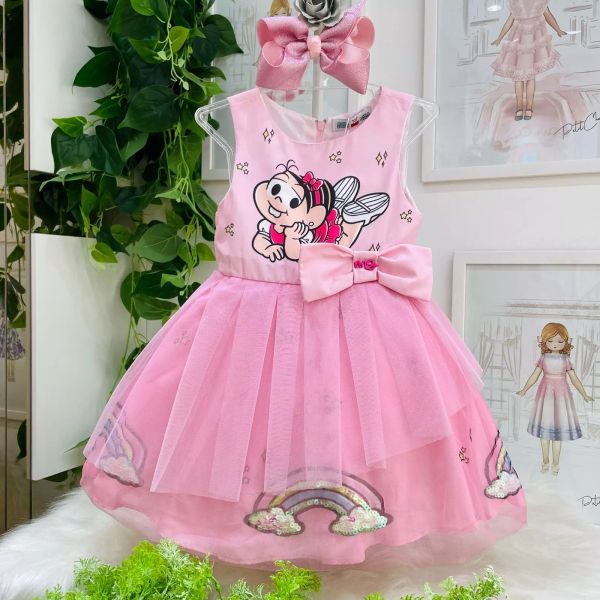 Vestido Infantil Rosa Princesa com Sobreposição em Tule Estampado e Bordado Turma da Mônica Mon Sucr