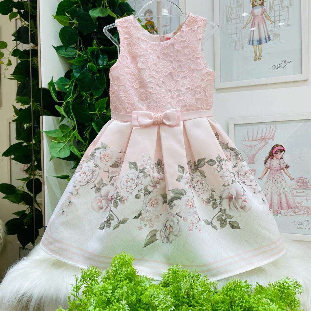 Vestido de Festa Infantil Rosa Renda e Estampa Floral Dream Jardim Petit Cherie