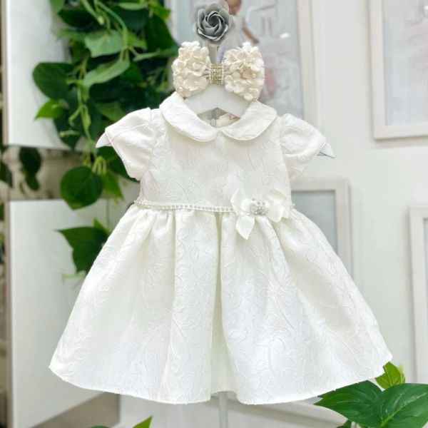 Vestido de Festa Infantil Texturizado Off White Hibíscos Petit Cherie