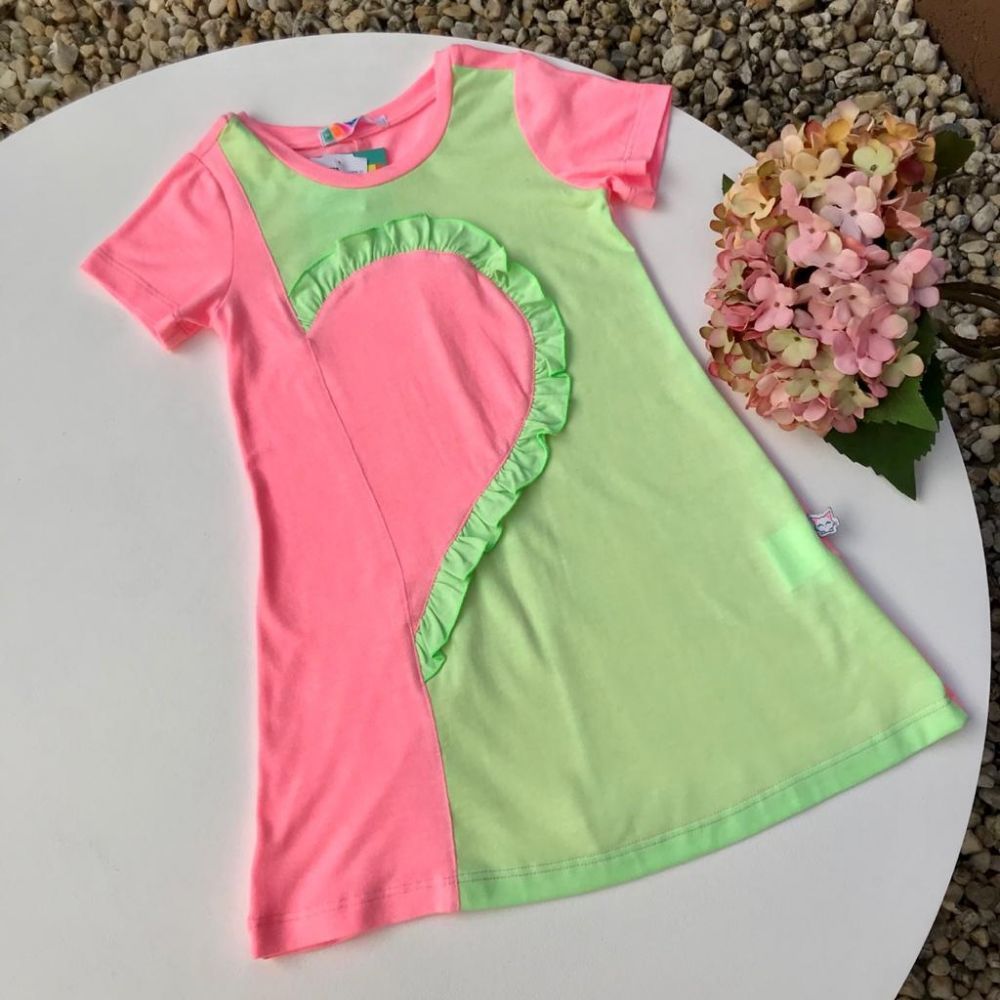 Vestido Infantil Trapézio com Recortes Verde e Rosa Neon Heart MyLu