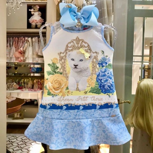 Vestido Infantil Trapézio Floral com Strass e Lacinho Tigre Branco Petit Cherie