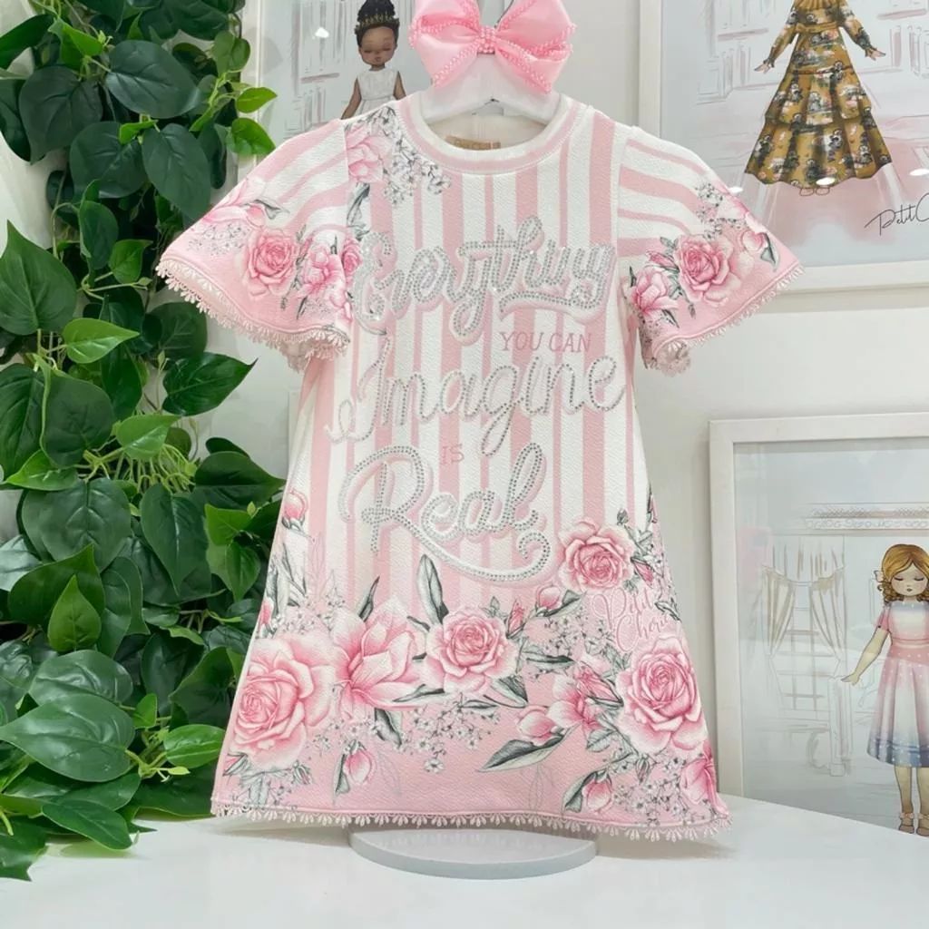 Vestido Infantil Trapézio Listrado Estampado Doce Rosa Flor Bordado Petit Cherie