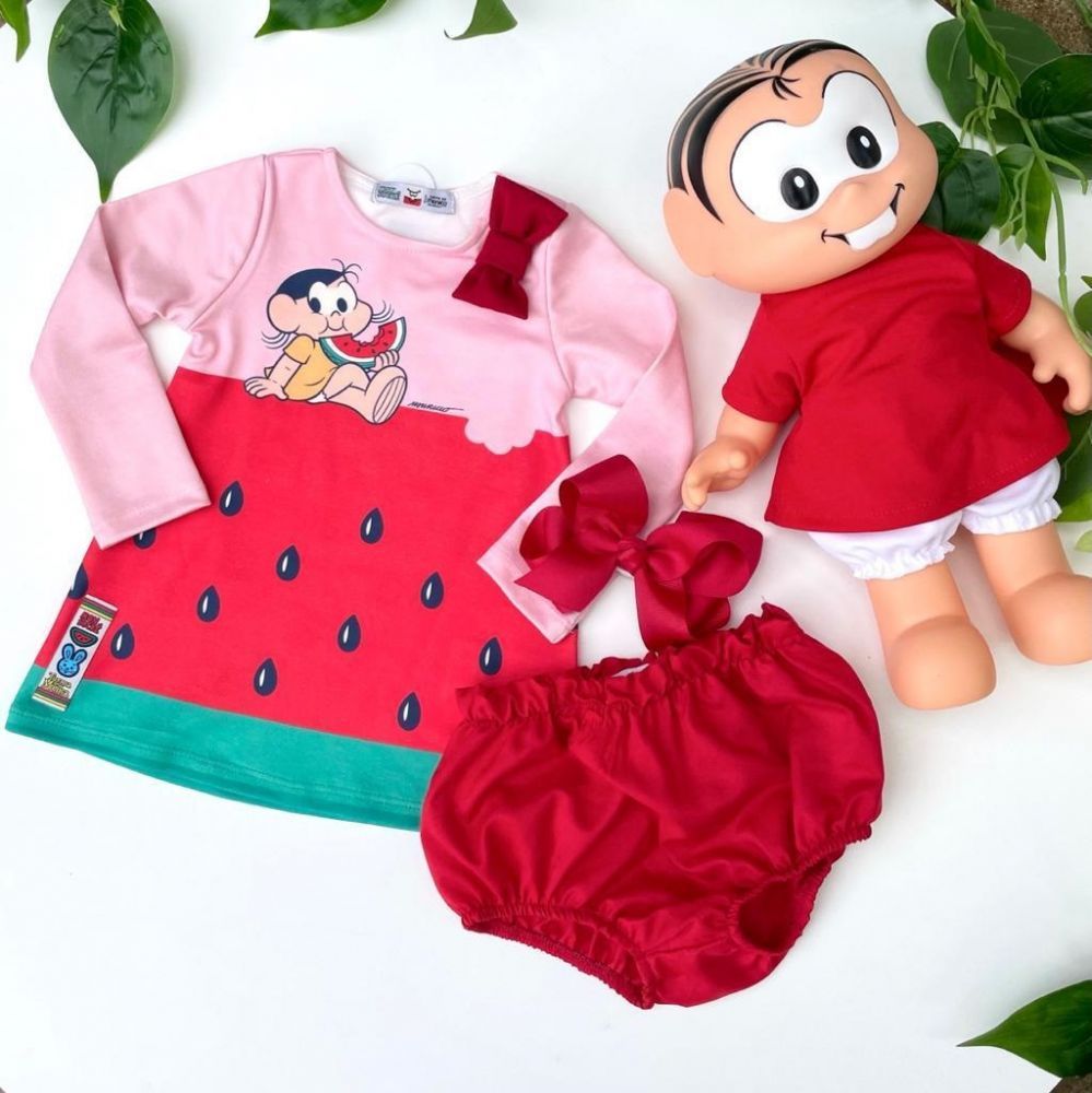 Vestido Infantil Trapézio Manga Longa Rosa Estampado Melancia e Calcinha Vermelha Magali Mon Sucré