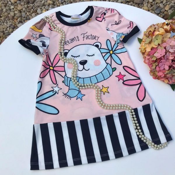 Vestido Infantil Trapézio Rosa Mix de Estampas Urso Polar Luluzinha