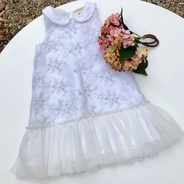 Vestido Infantil Trapézio Tule Bordado com Pérolas Delicate Branco Petit Cherie