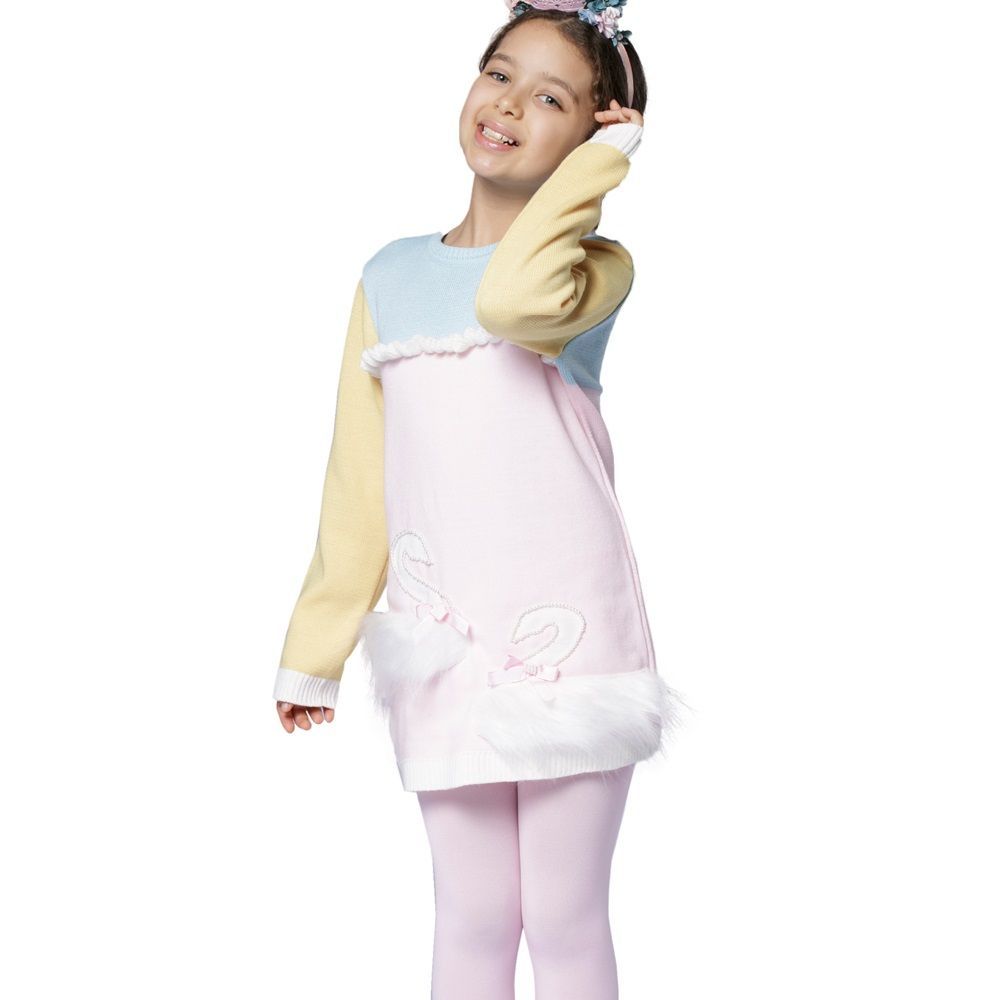 Vestido Infantil de Tricô Cisne com Pelúcia Tricolor Luluzinha
