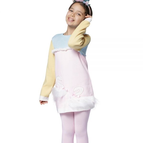 Vestido Infantil de Tricô Cisne com Pelúcia Tricolor Luluzinha