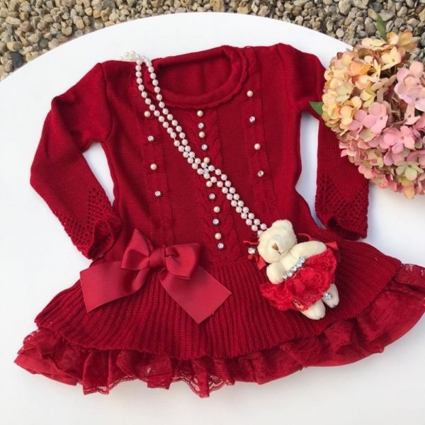 Vestido Infantil Tricot Luxo Vermelho Bordados e Renda Yoyo