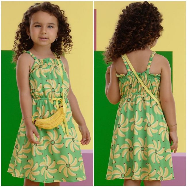 Vestido Infantil Verde Estampa Bananas Turma da Mônica com Franzido Mon Sucré