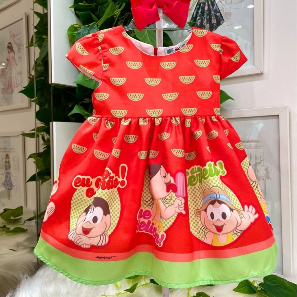 Vestido Infantil Vermelho com Calcinha Estampa Magali Turma da Mônica Mon Sucré