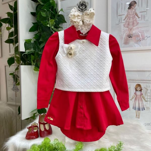 Vestido Infantil Vermelho com Colete Branco Ursa e Laço Yoyo