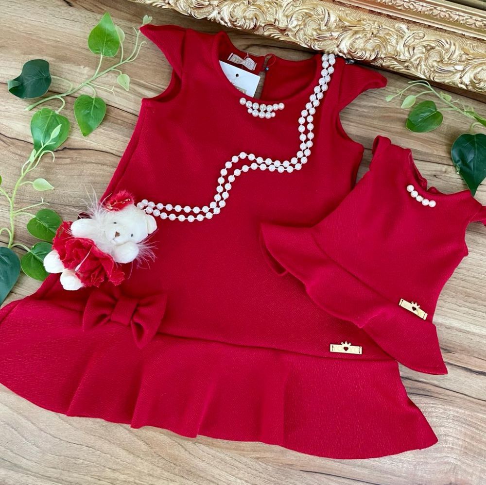Vestido Infantil Vermelho Pérolas Acompanha Vestido para Boneca Yoyo