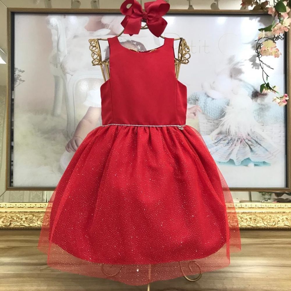 Vestido Infantil Vermelho Saia de Tule com Glitter Vermelho Party Holiday Mon Sucré
