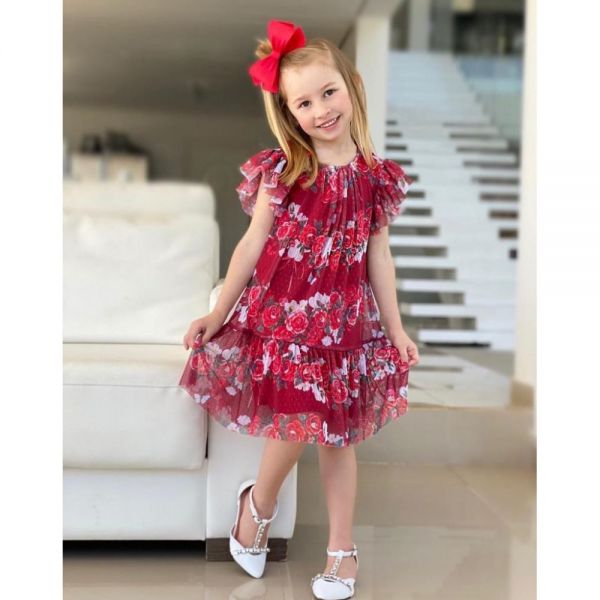 Vestido Infantil Vermelho Sobreposição de Tule Estampado Jardim das Rosas Luluzinha