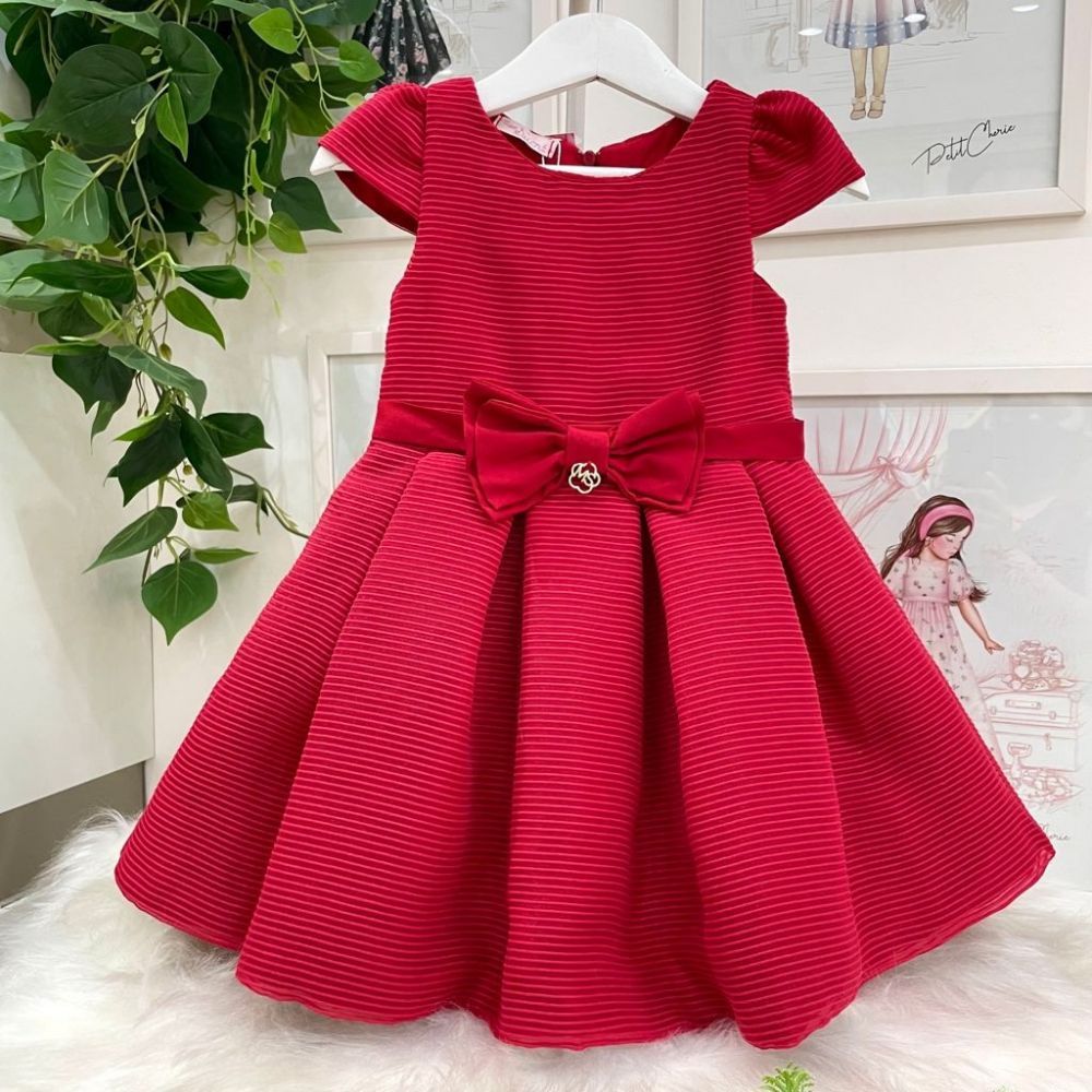 Vestido Infantil Vermelho Texturizado com Pregas e Laço Mon Sucré
