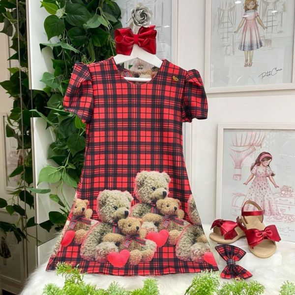 Vestido Infantil Xadrez Vermelho Estampa Ursinhos Com Laço de Cabelo Euro Baby