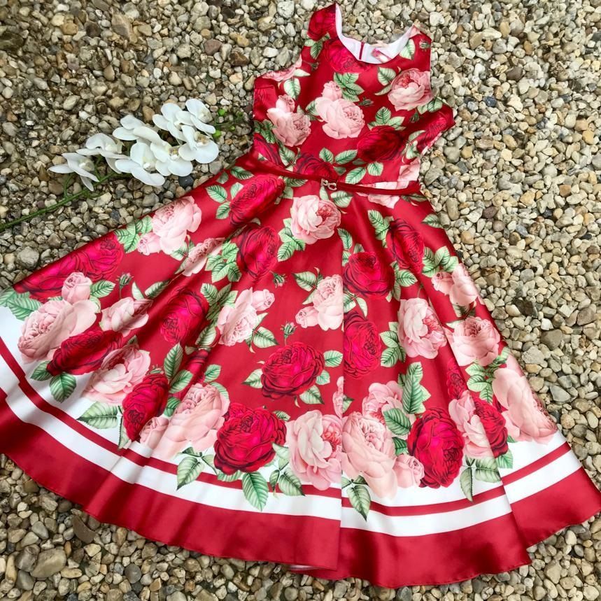 Vestido Mãe com Cinto Floral Peônias Romantic Red Petit Cherie